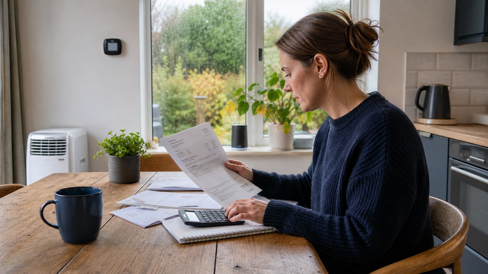 Editorial illustration of a household reviewing an energy bill and calculator before the October 2026 price-cap change