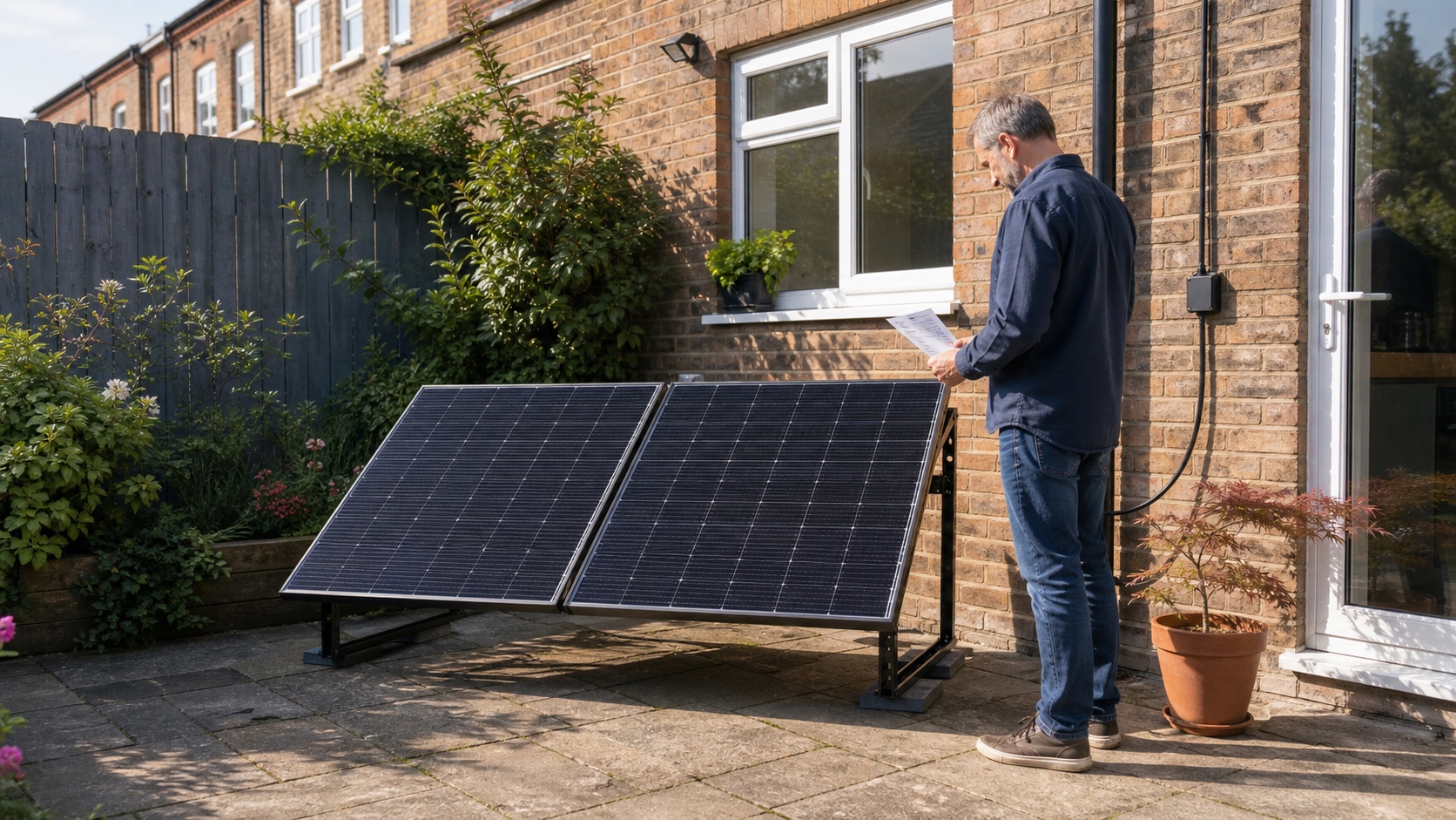 Editorial illustration of a British homeowner checking a securely mounted plug-in solar kit