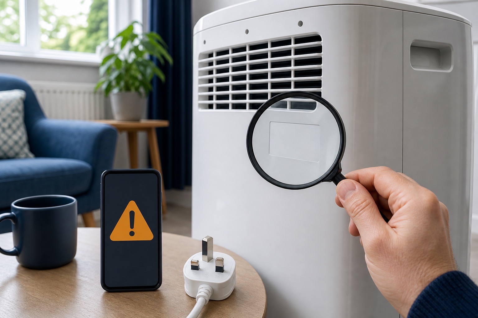 A portable air conditioner, British plug and phone being checked for a safety recall