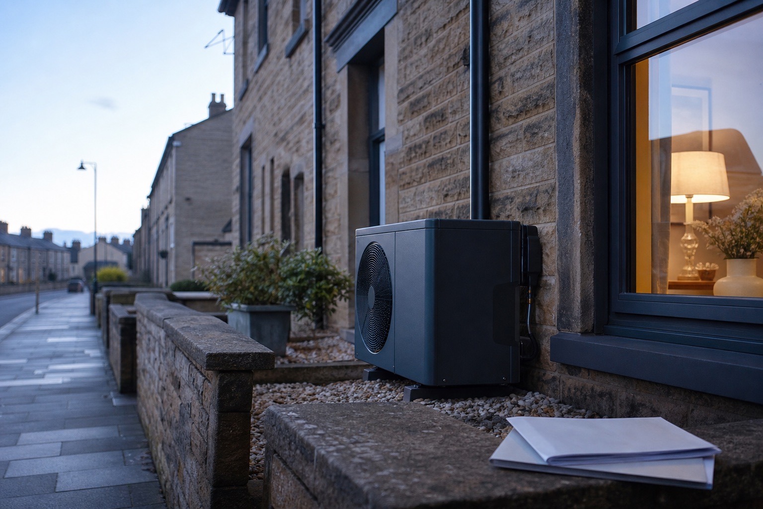 An air-to-air heat pump outside a British terraced home with grant paperwork nearby