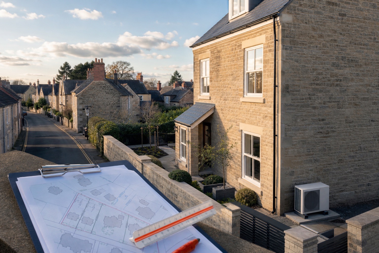A British home heat-pump installation viewed beside a residential planning drawing